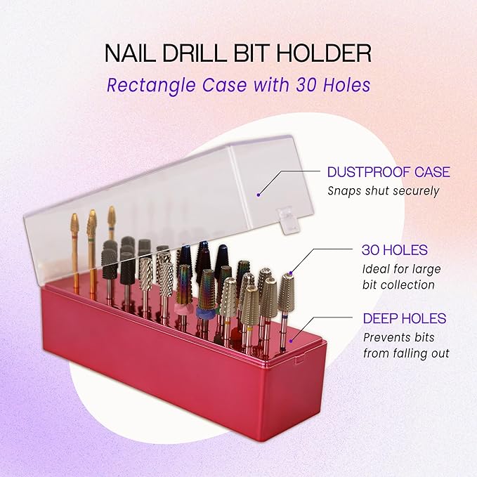 PANA Rectangle Nail Drill Bit Holder Display Organizer Case - Dustproof Carbide Bit Storage Container Box For Manicure Tools Nail Salon - 30 Holes Rose Gold (Drill Bits Not Included)