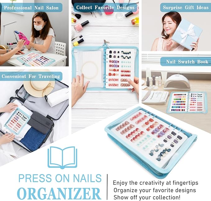 KEIFIN Press On Nail Storage Organizer Binder with 8 Insert Pages - A5 Size Reusable Fake Nail Swatch Collecting Book Polish Color Display Holder Container with Tape and Zipper Pocket (BLUE)