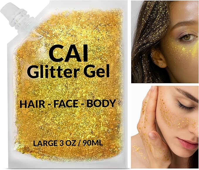 Face, Body & Hair Glitter Gel – Halloween Glitter for Kids and Women – 3 Oz Cosmetic-Grade Gel w/Moon & Stars for Festivals & Halloween Party, Easy Apply & Wash Off - Rose/Gold 2Pack