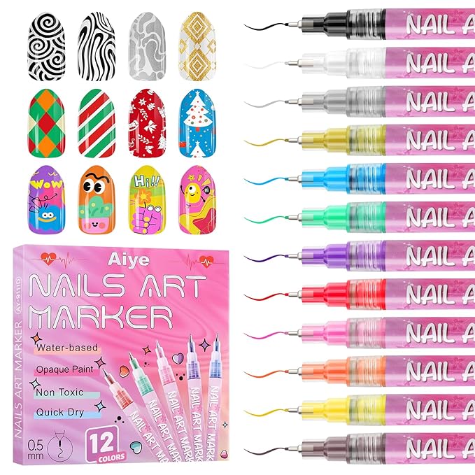 12 Color Nail Art Markers Set, Kalolary Nail Polish Pens Nail Point Graffiti Dotting Pen Drawing Painting Liner Brush for DIY Nail Art Beauty Adorn Manicure Tools
