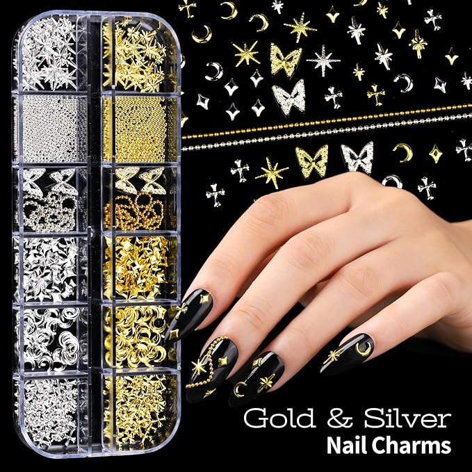 Teenitor Nail Charms and Nail Art Tools Set, Nail Art Kit with 5 Boxes of 3D Nail Charms and Gems Rhinestones, 15 Pcs Nail Art Brushes, 5 Pcs Nail Dotting Tools, 2 Set of Nail Stand