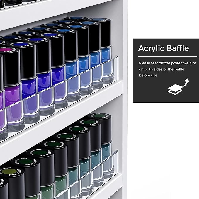 Wood Nail Polish Rack, Wall Mount Nail Polish Organizer, 6 Layers Nail Salon Storage Display Shelves Perfume Bottles Essential Oil Holder w/Acrylic Baffle, White