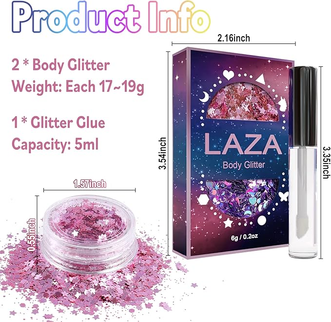 Laza Body Glitter, 2 Jars Holographic Chunky Sequins with Glitter Glue Perfect for Women Eyeshadow Makeup Face Paint Festival Rave Outfits Hair Accessories Carnival Party Costumes - Cyan Blue