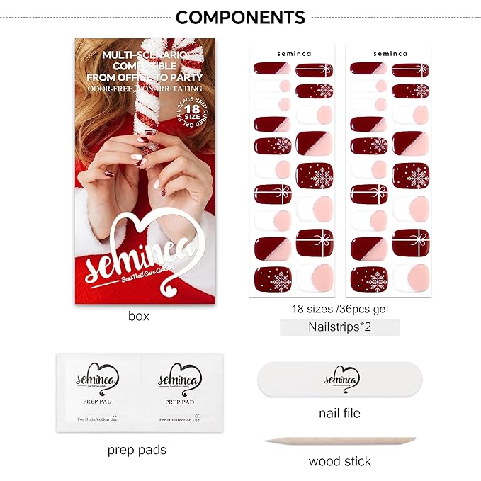 SEMINCA Semi Cured Gel Nail Strips-Easy Apply Christmas Gel Nail Stickers Holiday Semi Cured Manicure Strips with Sparkling Xmas Designs,Works with Any UV/LED Lamps(Blush Gift Ribbon)