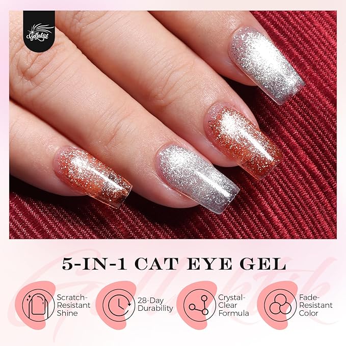 5-in-1 Cat Eye Gel Polish 15ml No Base/Top Coat Needed All-in-One Formula, Beginner-Friendly Magnetic Nail Polish with Magnet Stick, Fast Curing for Home DIY Manicure (Silver)