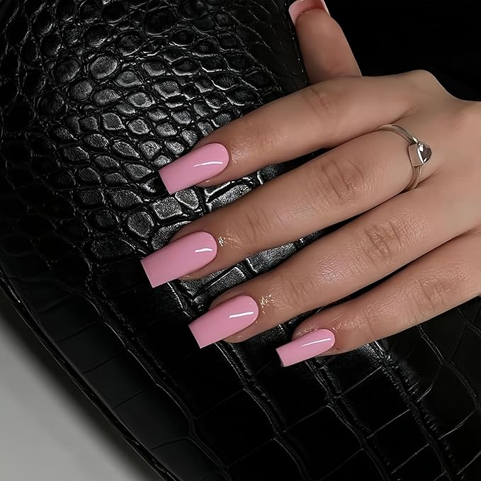 KQueenest Baby Pink Press on Nails Long Medium Square, Glossy Gel Medium Fake Nails Press ons, Natural Solid Color Full Cover Acrylic Nails for Women Daily Wear, 24 Pcs