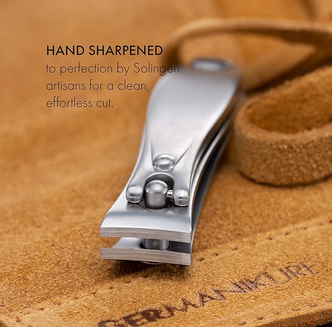 GERMANIKURE 4pc Manicure Set - Handmade in Solingen Germany, FINOX High Carbon Stainless Steel: Nail Clippers, SELF Sharpening Combination Scissors, Czech Glass Nail File in Leather Case