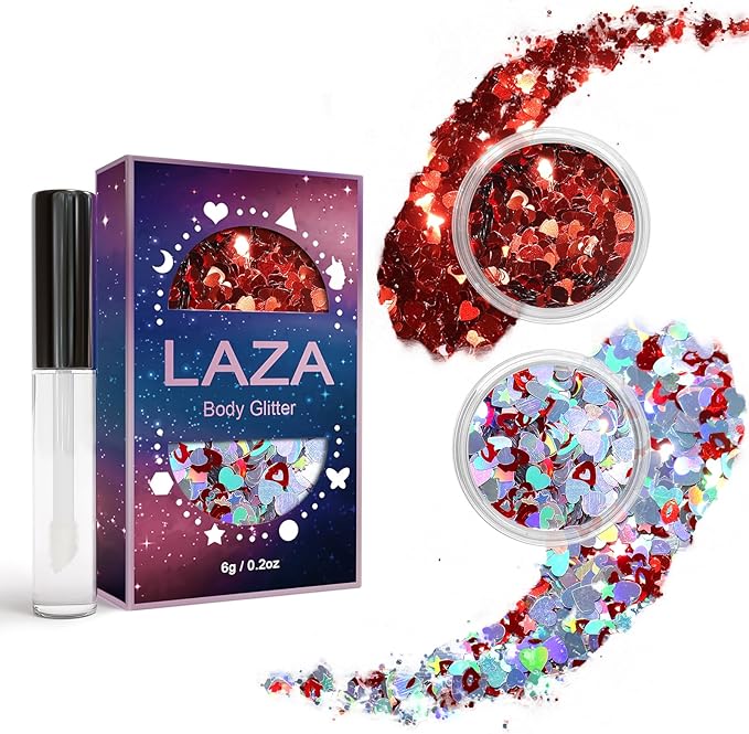 Laza 2 Jars Body Glitter for Valentine’s Day Hair Accessories Heart Glitter Holographic Chunky Sequins with Glitter Glue for Women Makeup Face Paint Festival Rave Outfits Party Costumes- Colorful Love