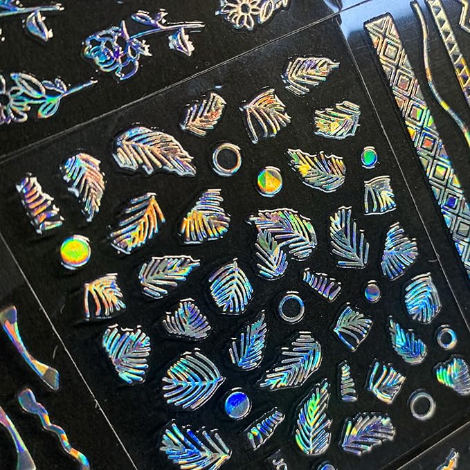 30 Sheet Aurora Star Nail Art Stickers Silver 3D Self-Adhesive Laser Line Nail Decals Holographic Sliver Nail Stickers for Shiny Design Acrylic Nail Supplies DIY Decoration for Women Girls