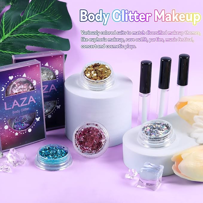 Laza Body Glitter, 2 Jars Holographic Chunky Sequins with Glitter Glue Perfect for Women Eyeshadow Makeup Face Paint Festival Rave Outfits Hair Accessories Carnival Party Costumes - Cyan Blue