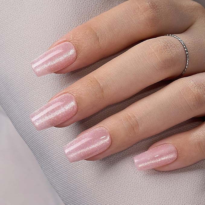 VSALON Press On Nails Short Coffin - Pink Cat Eye Glitter Glue on Nails, Reusable Opaque Winter Fake Nails with Glue, Protector Cuticle Oil, Adhesive Tabs - 32 PCS Stick On Nails in 16 Sizes