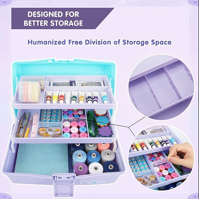12in 3-Layer Plastic Craft Organizers and Storage, Portable Folding Tackle Box with Handle & Adjustable Dividers, Multipurpose Case for Sewing, Art Supplies, Medicine, Tools (Purple Blue)