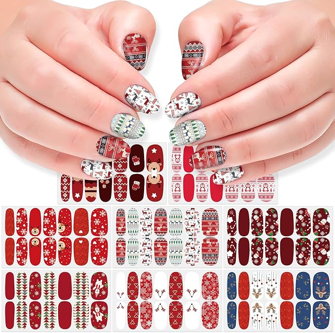 DANNEASY 8 Sheets Christmas Nail Wraps Holiday Nail Polish Stickers Festival Nail Polish Strips for Women Self Adhesive Fingernail Stickers Nails with Nail File, Cuticle Stick