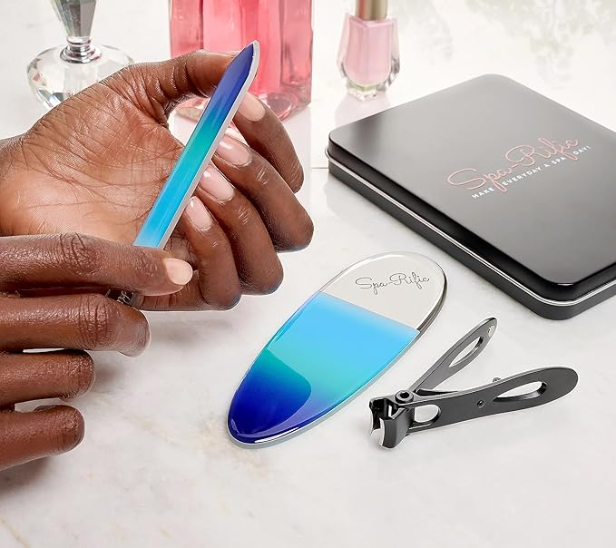 Spa-Rific 3pc Nano File and Ultra Wide Jaw Nail Clipper Set: Glass Nail Files with Large Nail Clipper and Metal Case Kit - Crystal Fingernail Manicure and Pedicure Tools - Pink Purple Ombre