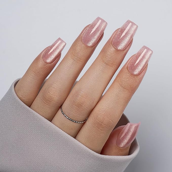 VSALON Press On Nails Short Coffin - Pink Cat Eye Glitter Glue on Nails, Reusable Opaque Winter Fake Nails with Glue, Protector Cuticle Oil, Adhesive Tabs - 32 PCS Stick On Nails in 16 Sizes