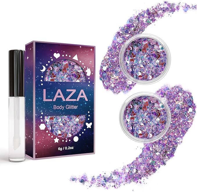 Laza Body Glitter, 2 Jars Iridescent Chunky Sequins with Glitter Glue Perfect for Women Eyeshadow Makeup Face Paint Festival Rave Outfits Hair Accessories Carnival Party Costumes - Colorful Purple