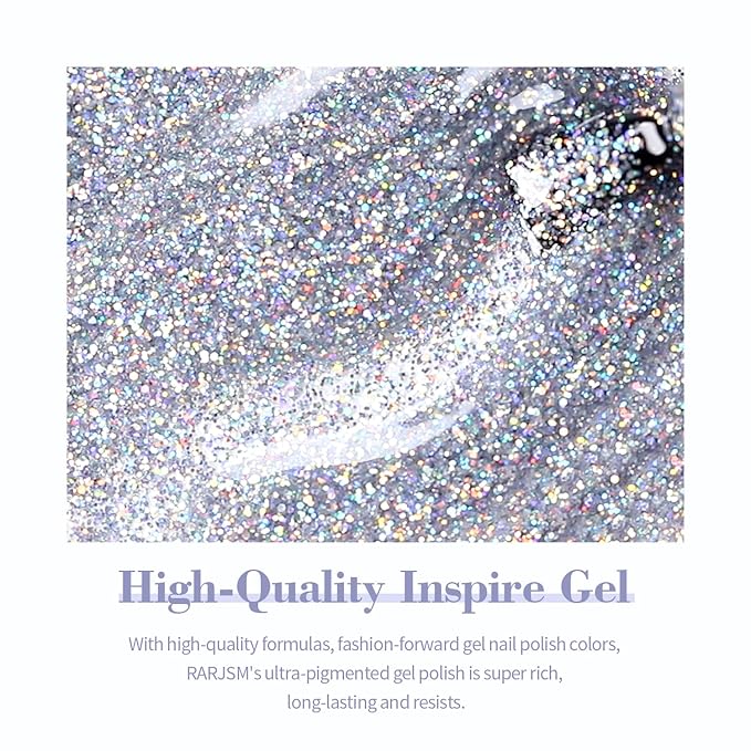 RARJSM Glitter Gel Nail Polish Silver Sparkly Iridescent Glitter Gelpolish 15ml Chunky Shimmer Holographic Rainbow Effect Soak off L e d U V Curing Required High Pigments for Salon DIY Manicure