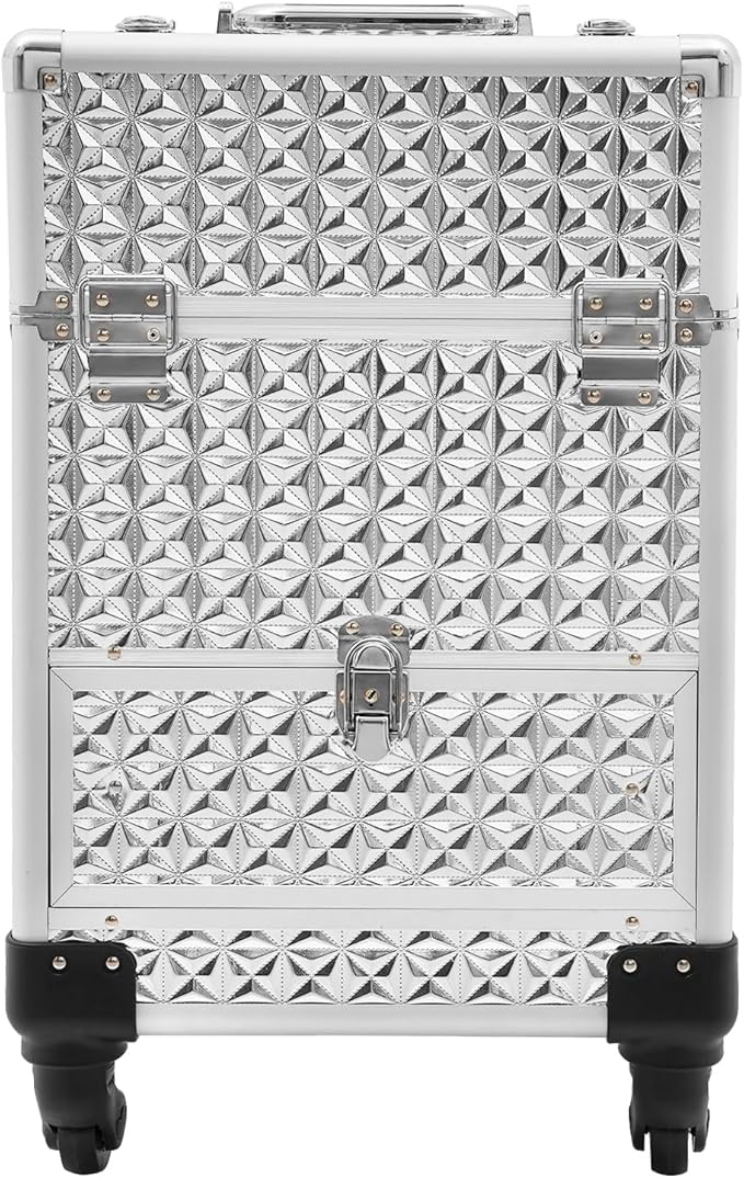 Rolling Makeup Case, Nail Storage Box with Wheels Portable Makeup Trolley for Beauty Studio Hairdressers Nail Technician (Silver)