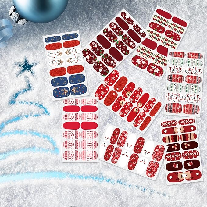 DANNEASY 8 Sheets Christmas Nail Wraps Holiday Nail Polish Stickers Festival Nail Polish Strips for Women Self Adhesive Fingernail Stickers Nails with Nail File, Cuticle Stick