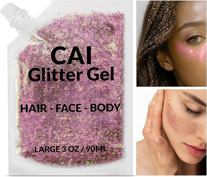 Face, Body & Hair Glitter Gel – Halloween Glitter for Kids and Women – 3 Oz Cosmetic-Grade Gel w/Moon & Stars for Festivals & Halloween Party, Easy Apply & Wash Off - Rose 2Pack