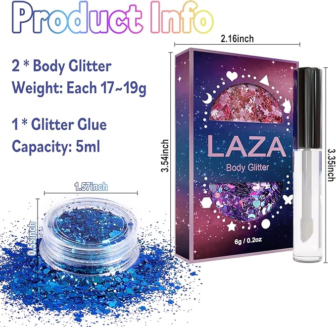 Laza Body Glitter, 2 Jars Iridescent Chunky Sequins with Glitter Glue Perfect for Women Eyeshadow Makeup Face Paint Festival Rave outfits Hair Accessorie Carnival Party Costumes - Brilliant Purple Red
