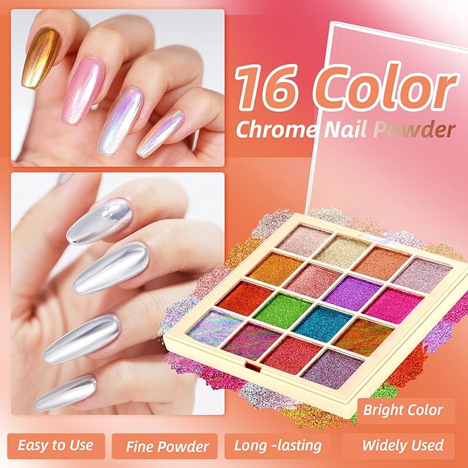 Chrome Nail Powder Palette, 16 Glitter Laser Metal Mirror Effect Aurora Iridescent Holographic Gold Silver Bright Colors Ombre Nail Pigment Powder Kit French Nails Manicure DIY Accessories