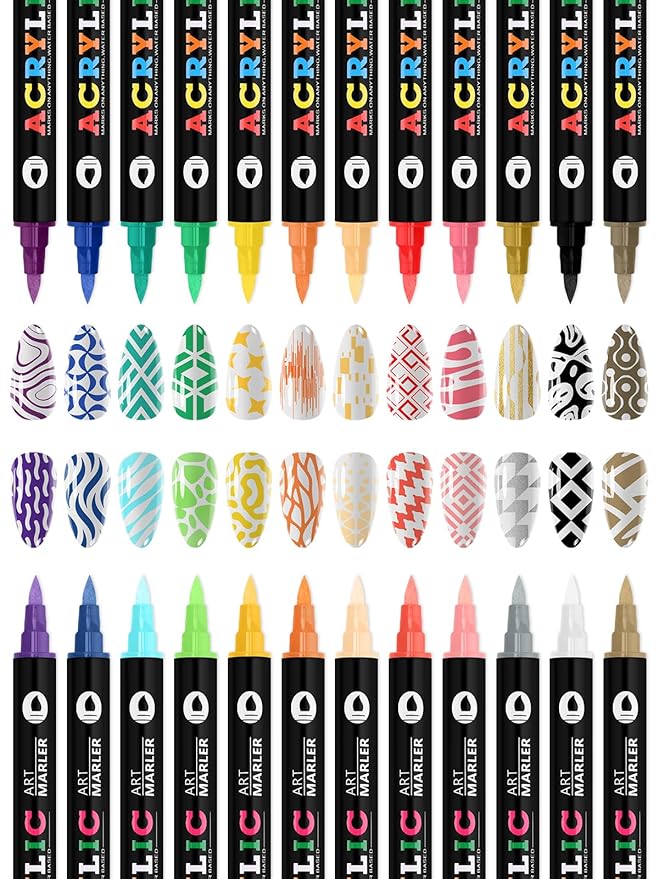 Kalolary 24 Color Nail Art Markers Set, 3D Nail Art Pens Point Nail Graffiti Dotting Pen Quick-Drying Waterproof Double Headed Acrylic Paint Pens Set for DIY Nails Art Design
