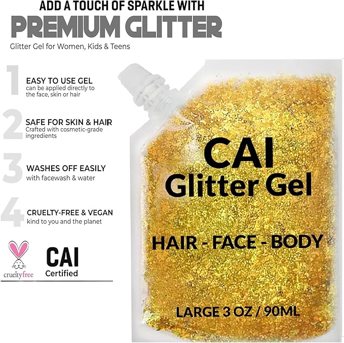 Face, Body & Hair Glitter Gel – Halloween Glitter for Kids and Women – 3 Oz Cosmetic-Grade Gel w/Moon & Stars for Festivals & Halloween Party, Easy Apply & Wash Off - Gold 2Pack