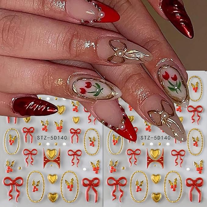 2 Sheets Christmas Nail Art Stickers 5D Stereo Self -Adhesive Golden Heart Nail Decals Holographic Hot Stamping Red Bow Nail Stickers Winter Gold Nail Staickers Decoration for Women DIY Manicure