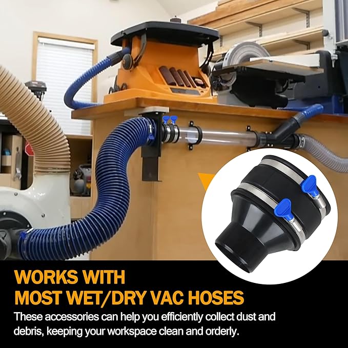 4 to 2 1/2 dust collection hose reducer with 4” Flex Cuff Dust Control and Stainless Steel Hose Clamps