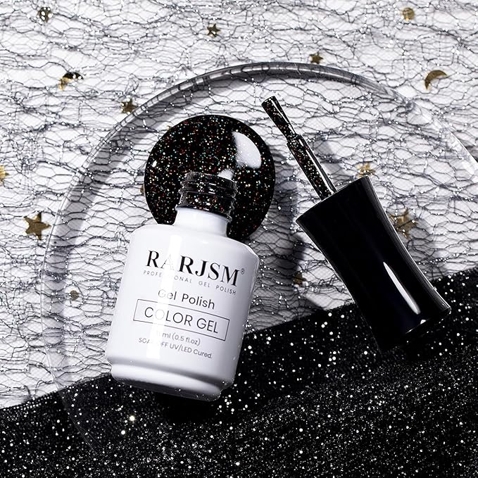 RARJSM Gel Nail Polish Black Glitter Sparkly Chunky Iridescent Rainbow Shimmer Pigments Nail Gel Polish Soak off Led UV Curing Required for Nail Art Salon Manicure 15ml Fall Winter Christmas
