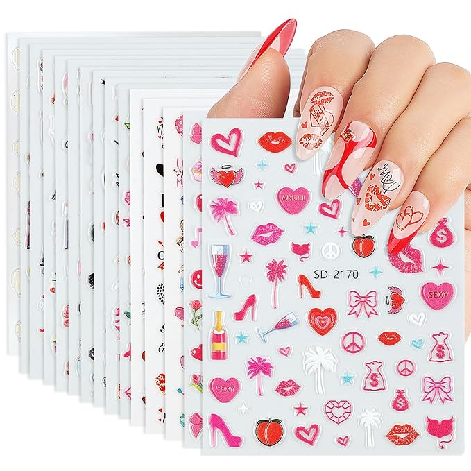Nicedeco 15 Sheets Valentine's Day Nail Art Stickers Decals Self-Adhesive Nail Supplies Nail Art Design Decoration 003