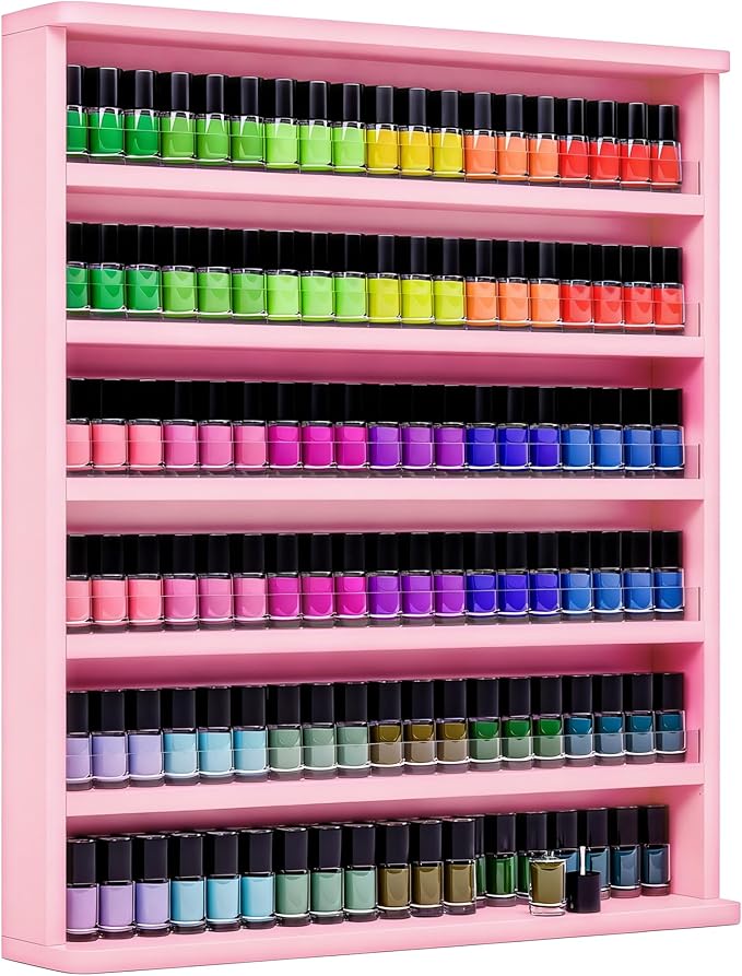 Wood Nail Polish Rack, Wall Mount Nail Polish Organizer, 6 Layers Nail Salon Storage Display Shelves Perfume Bottles Essential Oil Holder w/Acrylic Baffle, Pink