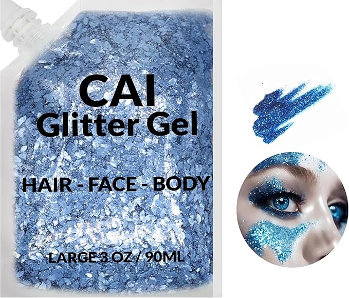 Face, Body & Hair Glitter Gel – Halloween Glitter for Kids and Women – 3 Oz Cosmetic-Grade Gel w/Moon & Stars for Festivals & Halloween Party, Easy Apply & Wash Off - Blue 1Pack