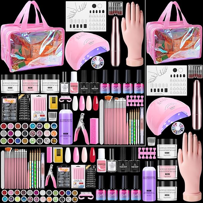 Nail Kit for Beginners with Everything: Professional Acrylic Powder Liquid Set with Nail Practice Hand Drill U V Light Gel Polish in Cosmetic Bag Gift for Women Salon Home (Holo Pink)
