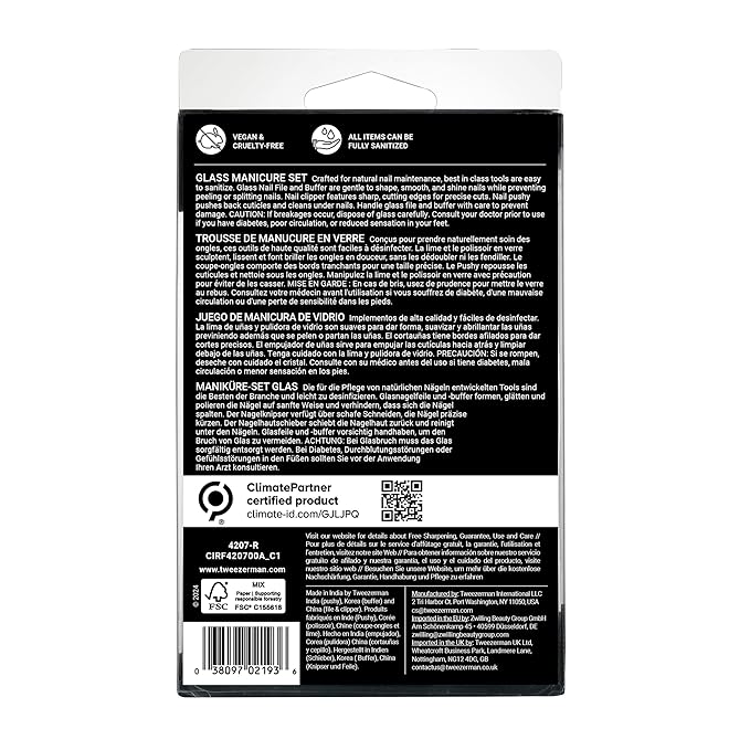 Tweezerman Glass Manicure Set Includes Nail Clipper, Cuticle Pusher, Glass Nail File, and Nail Buffer