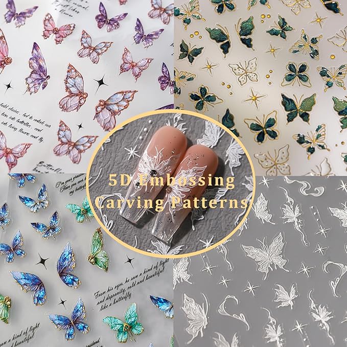 Butterfly Nail Art Stickers 5D Embossed Butterfly Nail Stickers Self-Adhesive Nail Decals for Women Girls DIY Manicure Nails Art Design Decoration Accessories (1, White Butterfly)