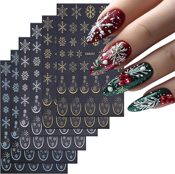 6 Sheets Christmas Snowflake Nail Art Stickers 3D Self -Adhesive Winter White Snowflake Nail Decals Holographic Festival French Nail Stickers Christmas Nail Staickers Decoration for Women Manicure