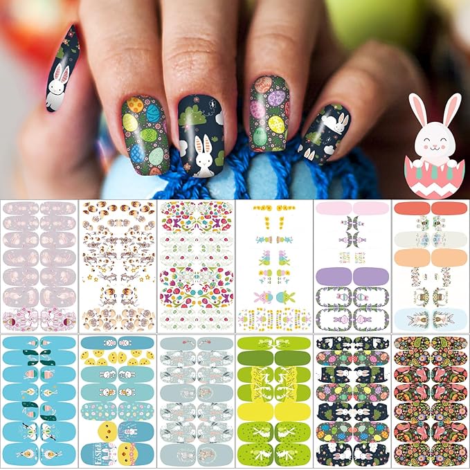 winthrop 12 Sheets Easter Nail Wraps Stickers Full Nail Polish Strips, DIY Self-Adhesive Nail Art Decals Cute Easter Eggs Bunny Rabbit Pattern Party Decor with 2 Pcs Nail Files (168 Pieces)