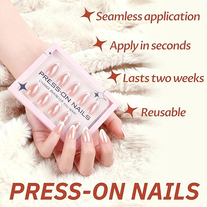 White Almond French Tip Press On Nails Kit with Nail Glue Adhesive Tabs Mini Nail File,Christmas Short Almond Fake Nails，30 Soft Gel Fake Nail Kit for Women,Nails Press Ons 32Pcs 16 Sizes