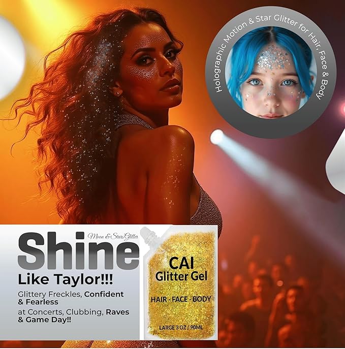 Face, Body & Hair Glitter Gel – Halloween Glitter for Kids and Women – 3 Oz Cosmetic-Grade Gel w/Moon & Stars for Festivals & Halloween Party, Easy Apply & Wash Off - Gold 2Pack