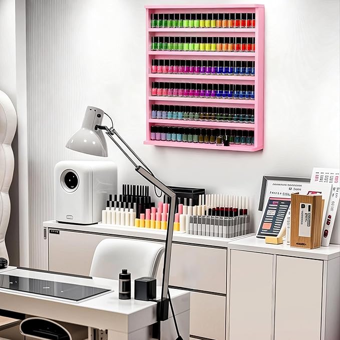 Wood Nail Polish Rack, Wall Mount Nail Polish Organizer, 6 Layers Nail Salon Storage Display Shelves Perfume Bottles Essential Oil Holder w/Acrylic Baffle, Pink