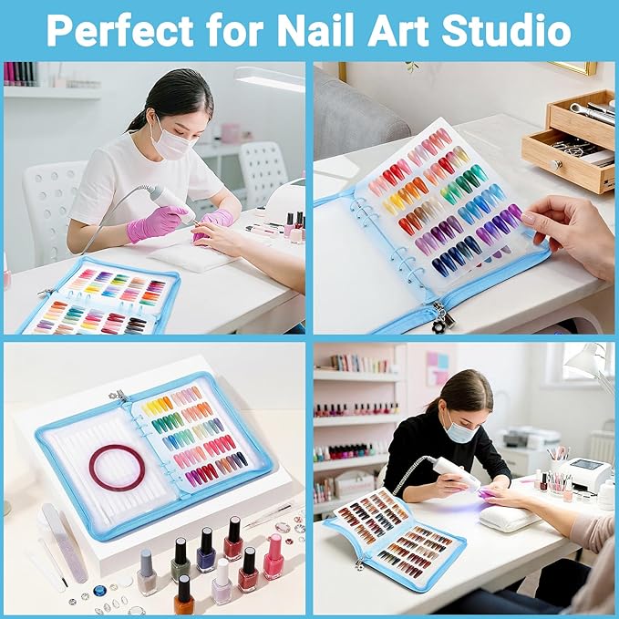 Segbeauty Nail Book Sample Organizer with Zipper, Nail Polish Display Book A5 Binder, Nails Color Swatches with 240 False Tips, Gel Nails Organizer Storage Polish Color Display Art Salon Supplies Blue