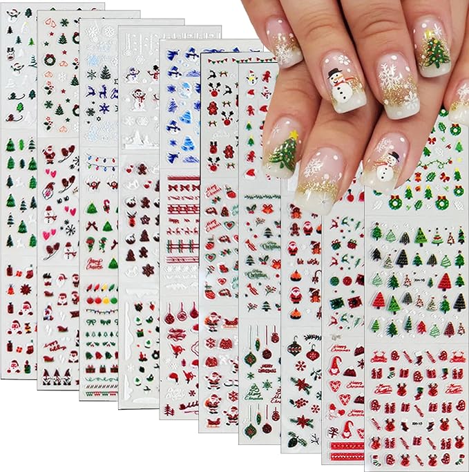 30 Sheets Christmas Nail Art Stickers Decals 3D Self Adhesive Christmas Nail Decals Santa Claus Elk Snowman Christmas Tree Nail Decorations Winter Nail Stickers for Women DIY Acrylic Nail Supplies