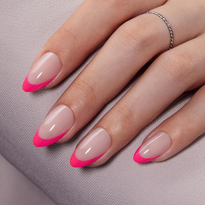 VSALON Press on Nails Short Almond - Hot Pink French Tip Nails Kit, Reusable Fake Nails with Soft Gel Nail Glue, Protector Essential Oil, Adhesive Tabs & Nail File, 32 PCS in 16 Sizes