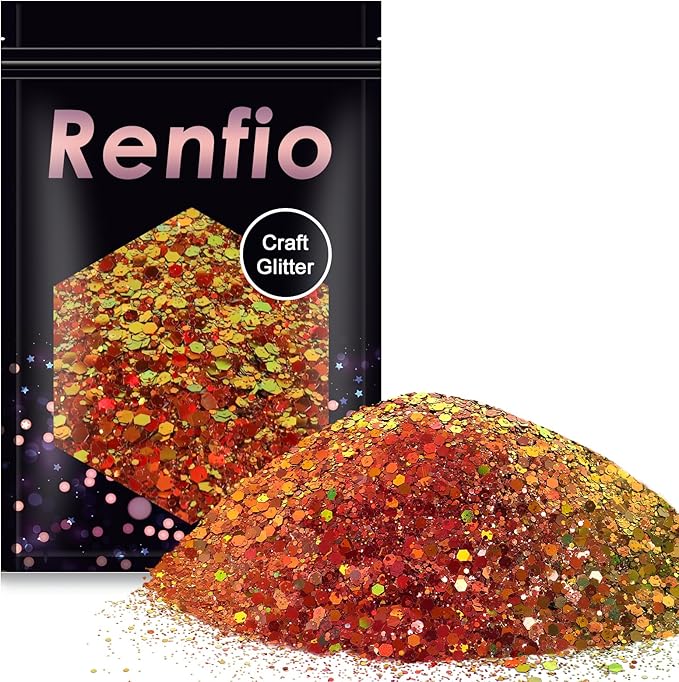 Renfio Chameleon Chunky Glitter, Mixed Fine Powder Color Shift 1.75 Oz (50g) PET Flake Hexagon Red Gold Glitters Sequin Resin Pigment Chip Dust for Slime Painting Craft Hair Body Beauty - Red Gold