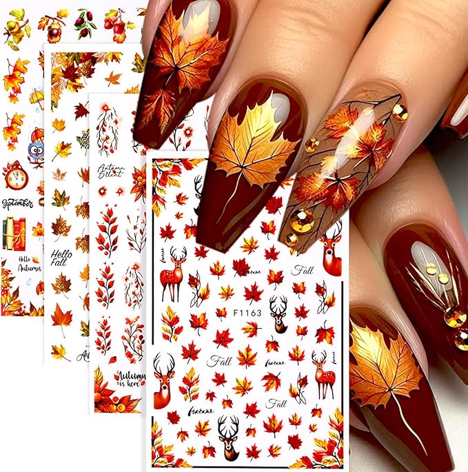 6 Sheets Thanksgiving Nail Art Stickers 3D Self -Adhesive Fall Maple Leaf Nail Decals Holographic Pumpkin Mushroom Nail Stickers Autumn Thanksgiving Nail Staickers Decoration for Women DIY Manicure
