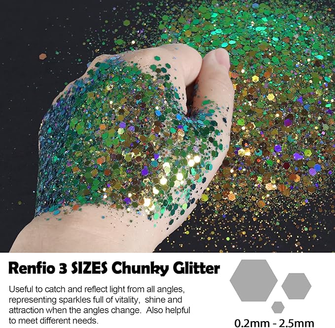 Renfio Chameleon Chunky Glitter, Mixed Fine Powder Color Shift 1.75 Oz(50g) PET Flake Hexagon Green Gold Glitters Sequin Resin Pigment Chip Dust for Slime Painting Craft Hair Body Beauty - Late Autumn