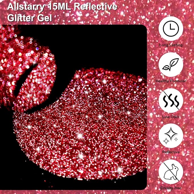 Allstarry Reflective Red Glitter Gel Nail Polish, 15ml/0.5 Fl Oz Shimmer Sparkle Diamond Red Glitter Nail Polish UV LED Curing Soak Off Home DIY Salon for Christmas Valentines nails Wedding
