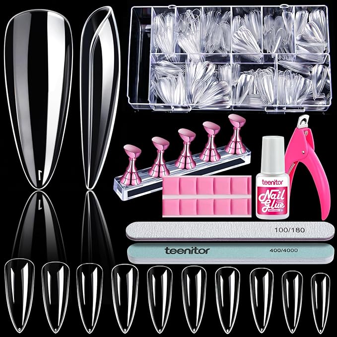 Teenitor Clear Nail Tips Full Cover, Long Stiletto Nails Tips For Acrylic Nails, 600 Pcs Almond Shape Fake Nails Tips With Glue, Acrylic Nail Clipper, Nail Stand Clear Glue On Nails
